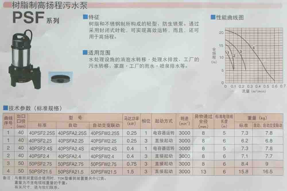 鶴見樹脂制高揚(yáng)程污水泵PSF/高揚(yáng)程污水泵