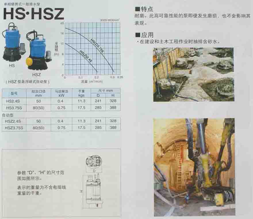 鶴見單相便攜式一般排水泵HS.HSZ