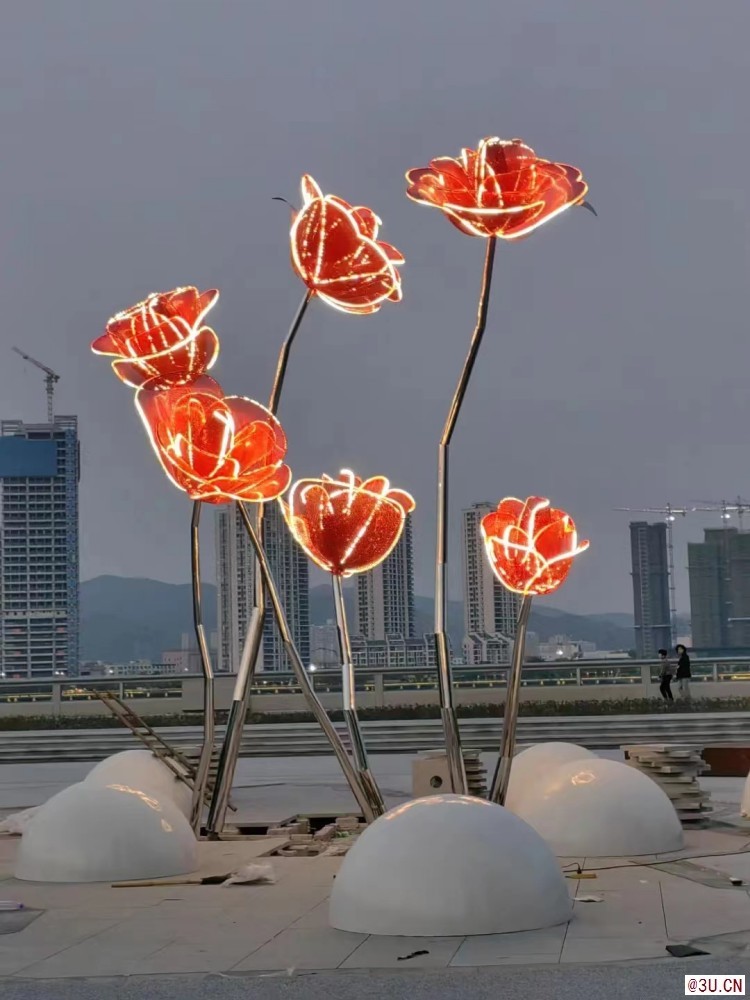 龍巖小景觀燈光玫瑰花不銹鋼雕塑 花開朵朵擺件